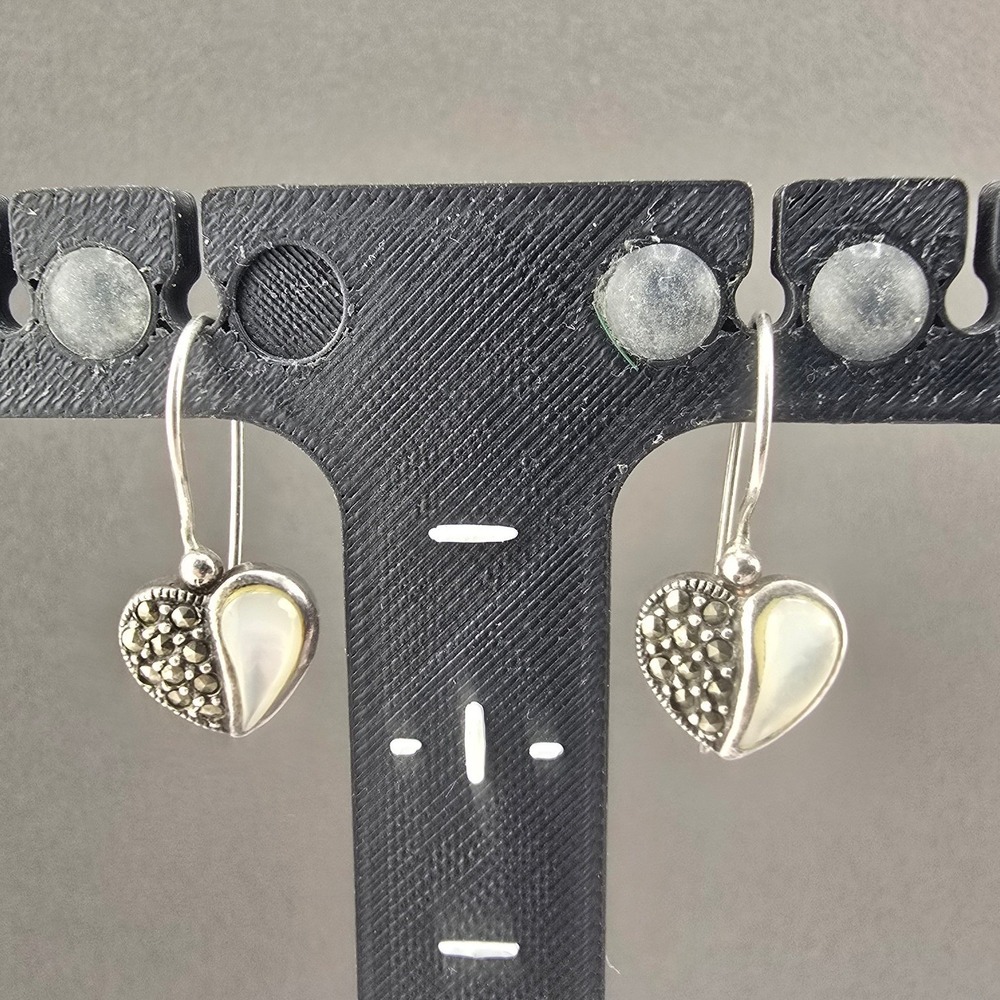 Vintage Estate Heart Earrings Silver Marcasite Mother of Pearl Dangle 1in